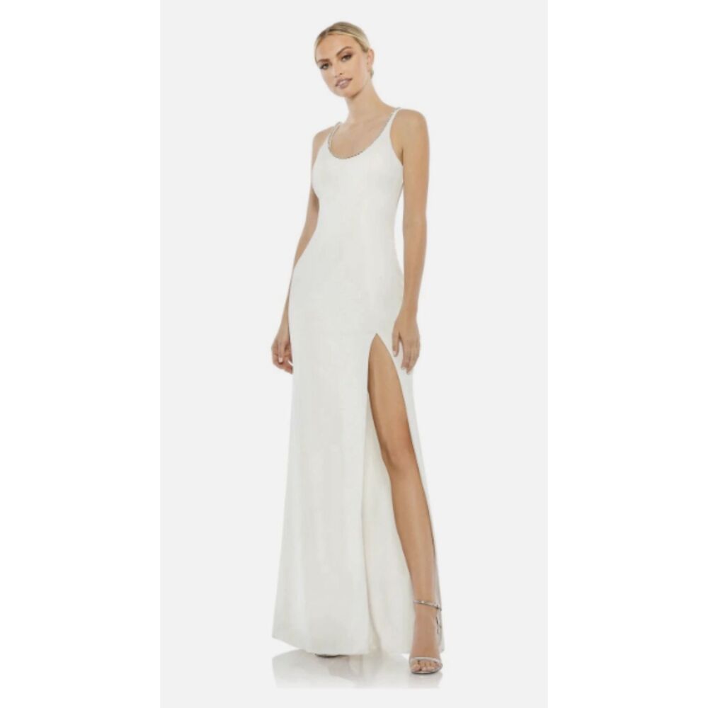 Ieena Mac Duggal 26583 White Crystal Scoop Neck Column Gown Size 2 NWT